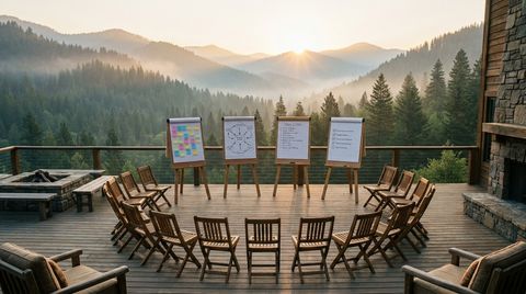 Terasă de facilitare la munte, în zori — scaune în U, flipchart-uri cu post-it-uri, diagramă de strategie, reguli de echipă și decizii